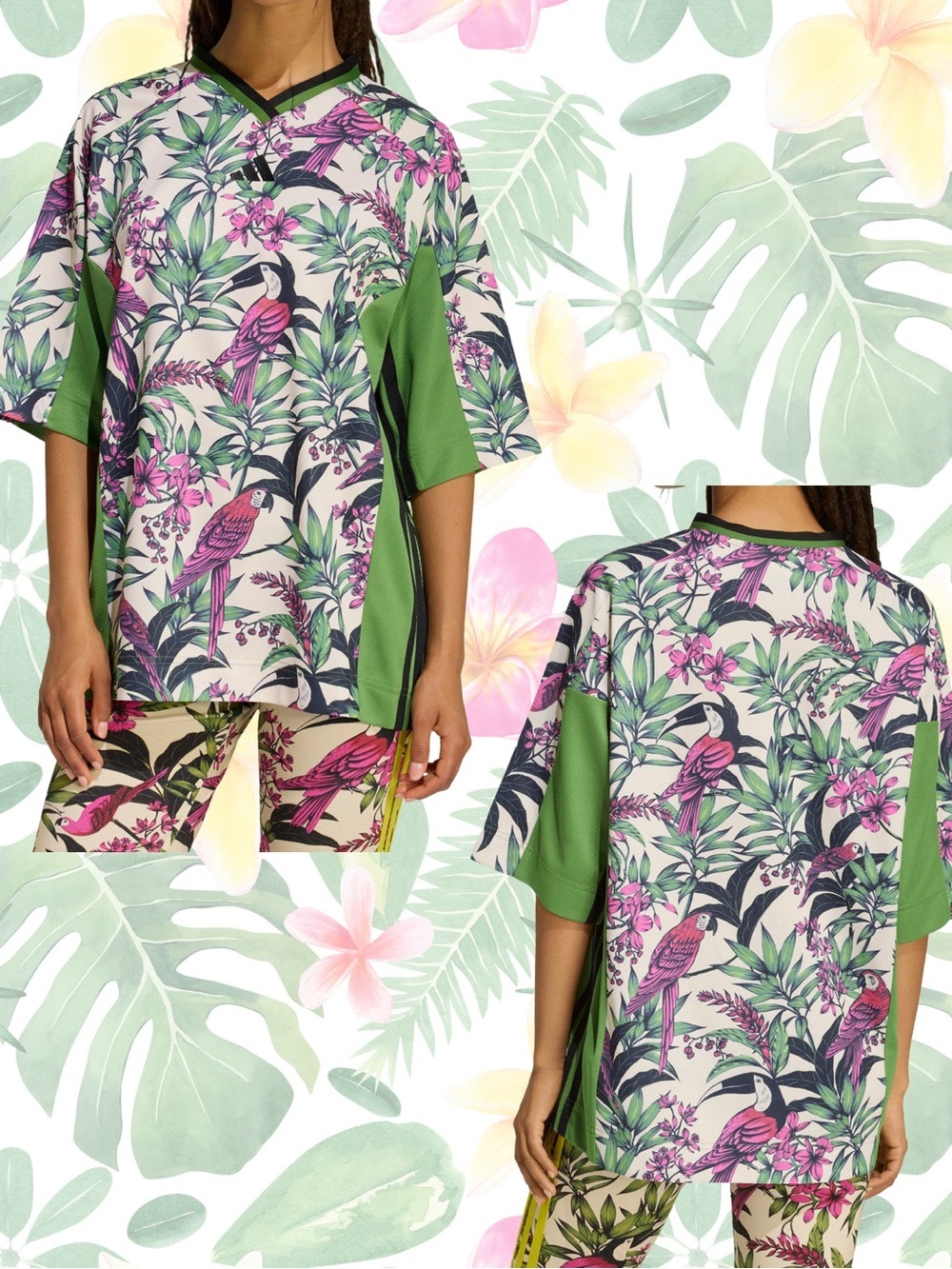Women Adidas x Farm Rio Oversize T-Shirt tropical pink parrot Green medium